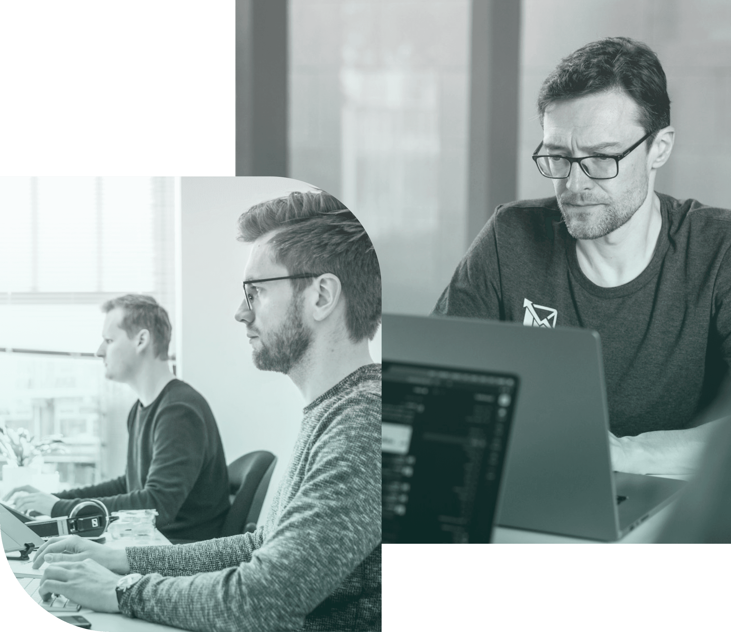 Developers collaborating — code on screen and modern workspace