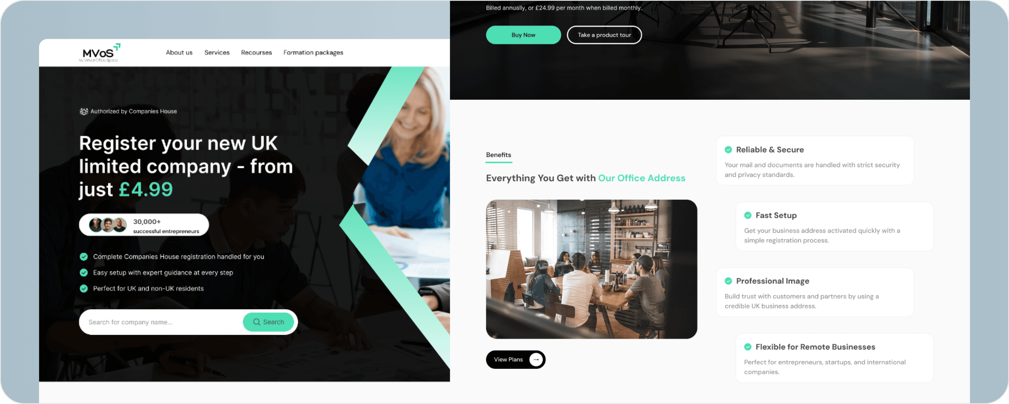 MVOS product screens — company formation onboarding and Our Office Address features