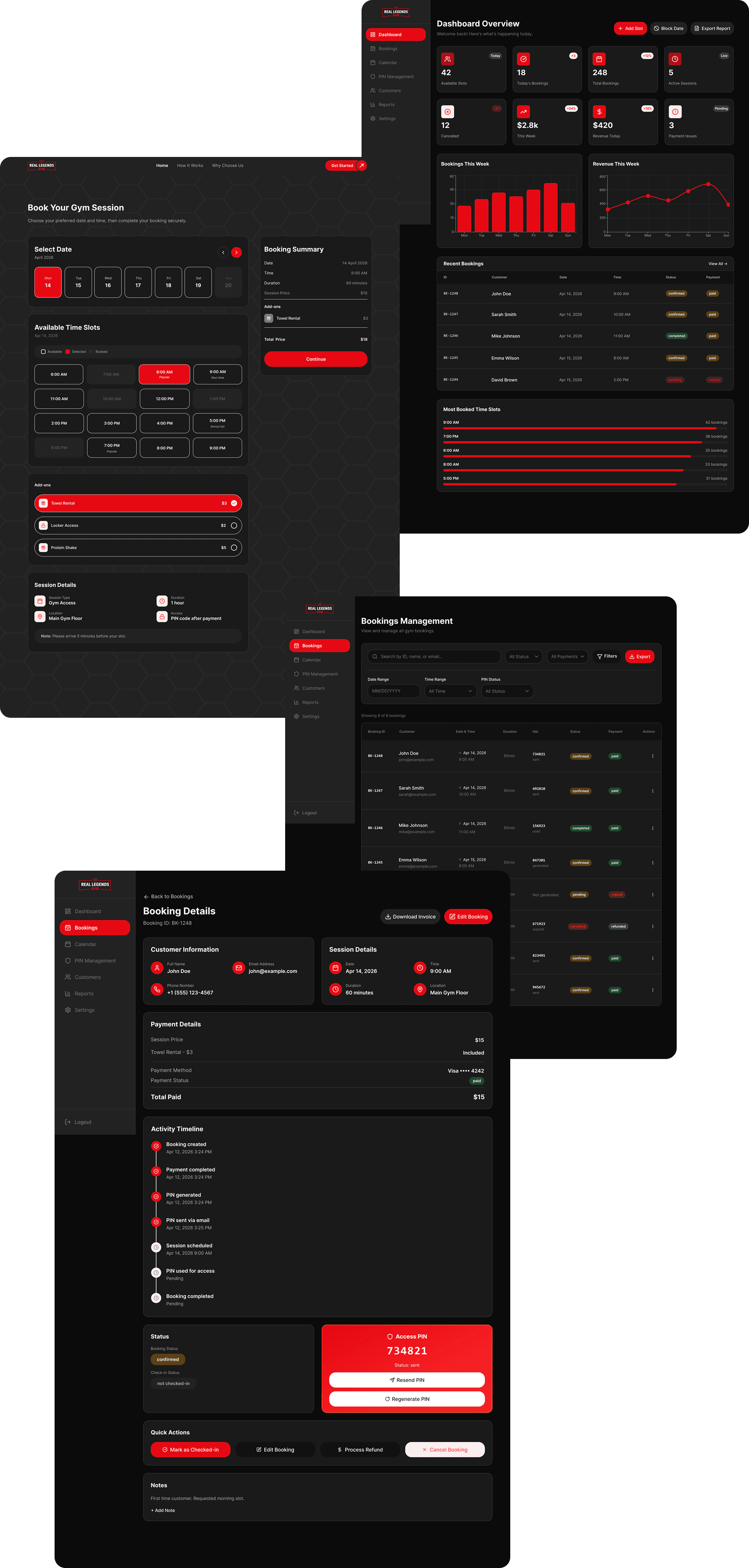 Gym Booking System — dashboards, booking flow, and bookings management screens