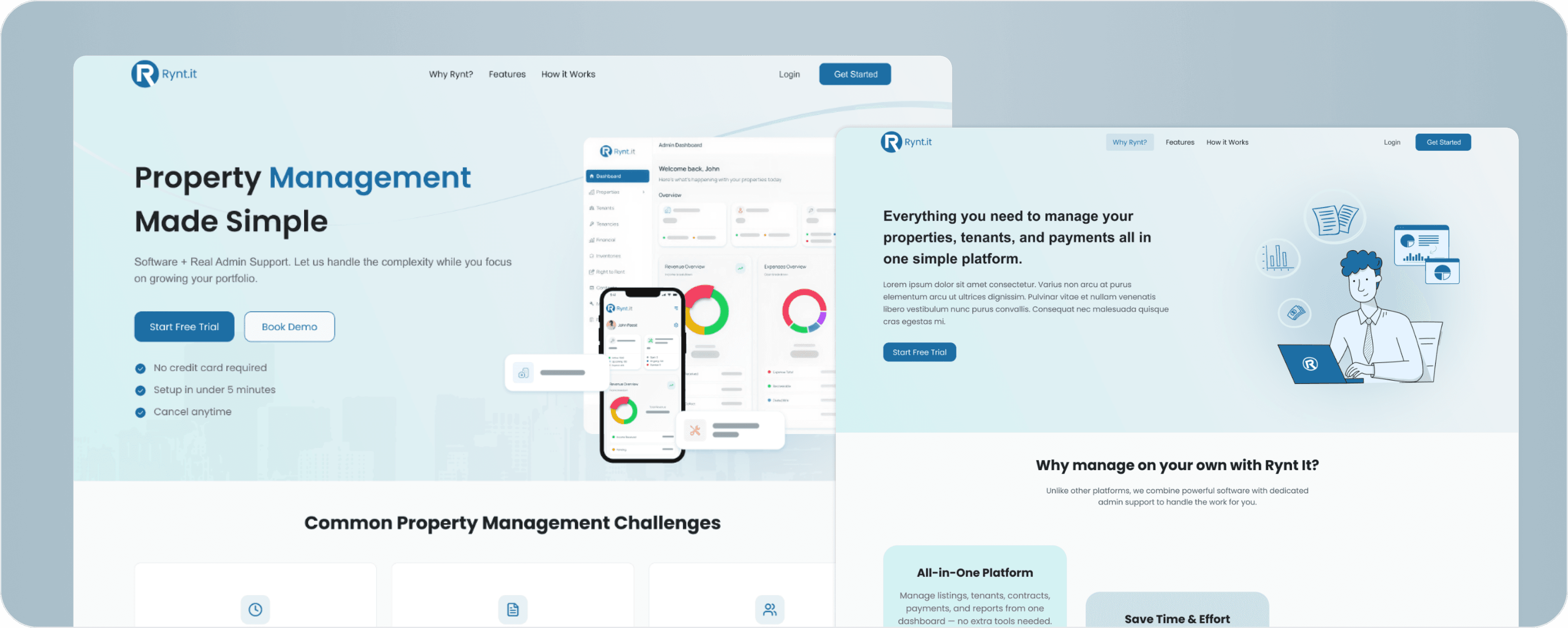 Rynt.it product screens — property management dashboards and tenancy workflow views